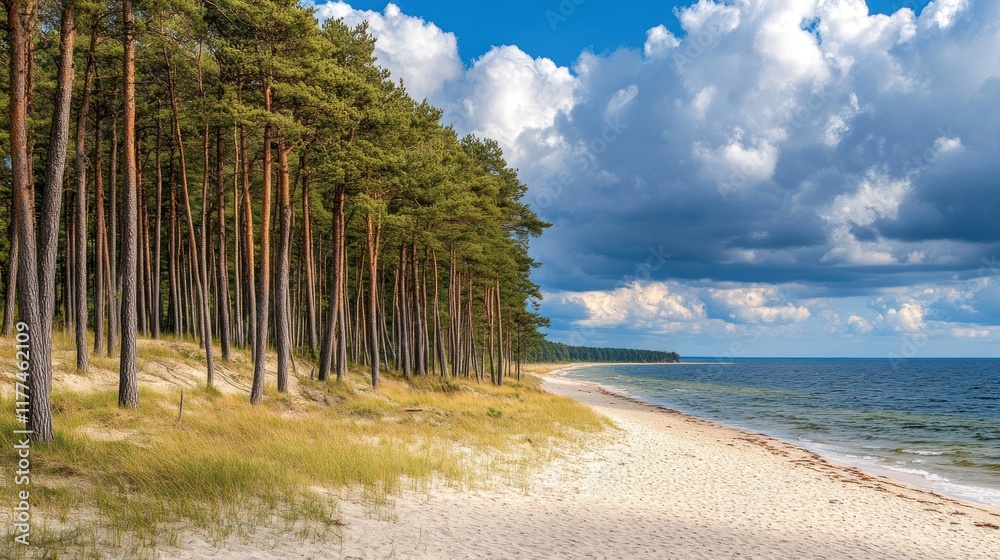 Aufkleber scenic view of a sandy beach bordered by pine trees and a calm sea under a cloudy sky.