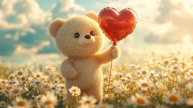 Cute teddy bear holding heart shaped balloon in sunny flower field