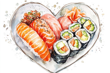Artistic heart-shaped sushi platter, watercolor illustration with brushstrokes.
