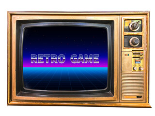 Retro Futurism Sci-Fi Background. glowing neon grid. on old retro television. Isolated on white background.