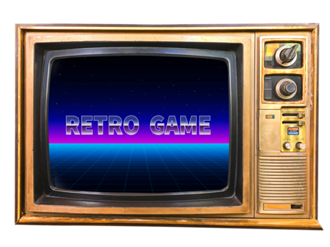 Retro Futurism Sci-Fi Background. glowing neon grid. on old retro television. Isolated on white background.