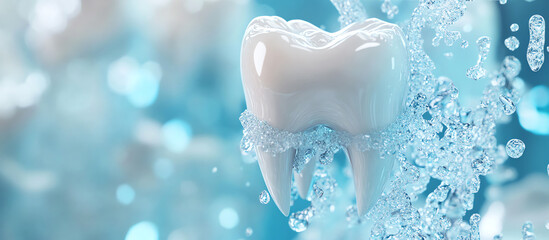 Tooth model in water spray for dental cleaning concept