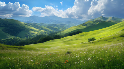 Fototapeta premium Foothills of the mountains with green meadows. Foothill. Illustration