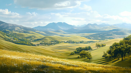 Obraz premium Foothills of the mountains with green meadows. Foothill. Illustration