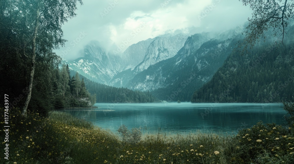 Poster serene lake surrounded by mountains and lush greenery under a cloudy sky.