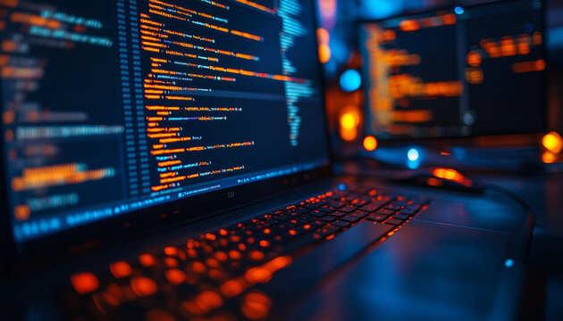 backdrop with code on monitor and backlit keyboard