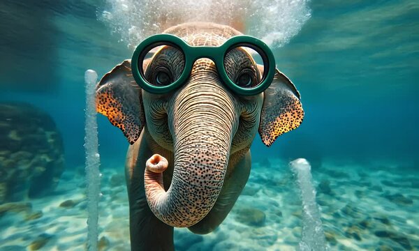 an elephant wearing diving goggles in a swimming pool is diving