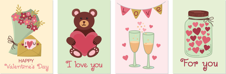 Set of greeting cards for Valentine's Day. Romantic illustrations with bouquet of flowers, teddy bear, sparkling wine, glasses, garlands and jar with cute hearts