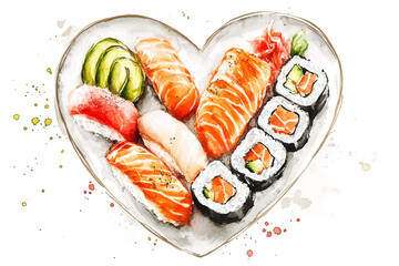 Heart-shaped sushi platter featuring salmon tuna and avocado watercolor illustration
