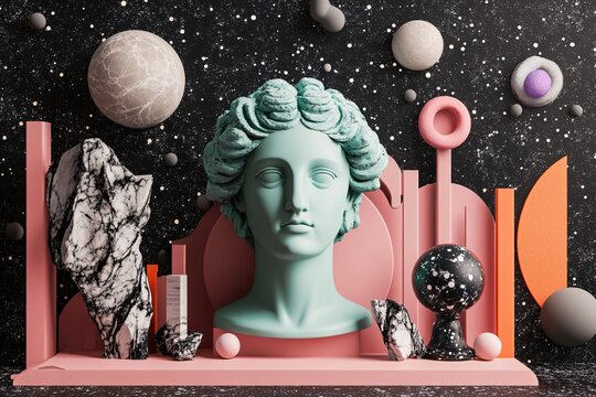 Abstract Sculpture of Classical Bust Amid Cosmic Elements and Geometric Shapes