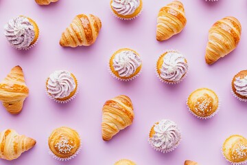 Assorted pastries and cupcakes arranged on a pink background