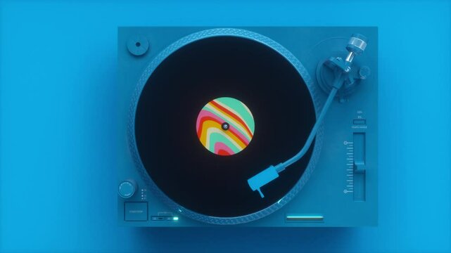 Blue Vinyl Record Player. Seamless Looped Animation of a Vinyl Disc Rotation on a Blue Turntable
