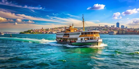 Istanbul Ferry on the Bosporus Strait - Wide Angle Rear View Stock Photo