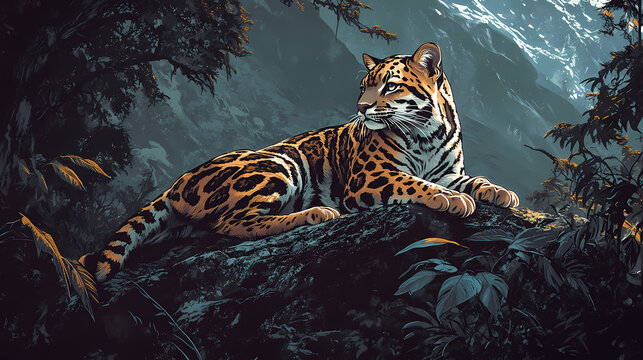 Majestic clouded leopard neofelis nebulosa resting and on alert in the lush himalayan foothills jungle environment. nebulosa. illustration. Foothill. Illustration