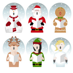 Christmas character icons singing in the snow