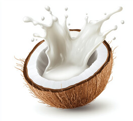 Coconut half with splashing milk, showcasing freshness and natural ingredients. Perfect for culinary uses and tropical themes