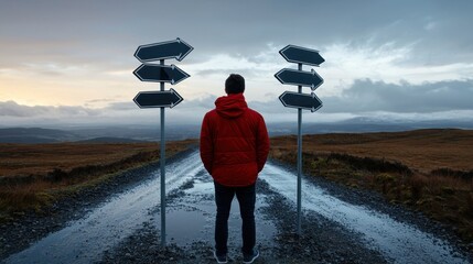 Obraz premium A man in a red jacket stands in front of two road signs, one pointing left