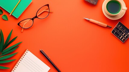 A vibrant workspace featuring stationery, glasses, a plant, a coffee cup, and a calculator on an orange background.