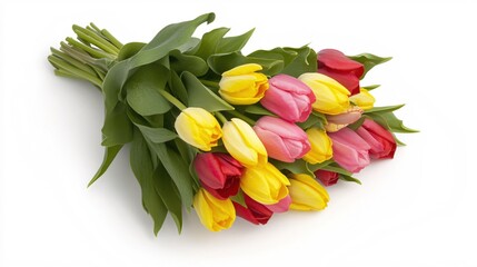Obraz premium Beautiful Bouquet of Colorful Tulips in Red, Yellow, and Pink Against White Background