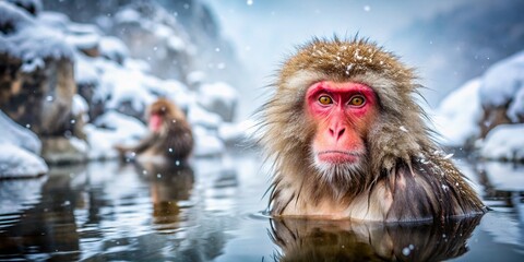 Naklejka premium Japanese Snow Monkey Hot Springs Winter Soaking Relaxation