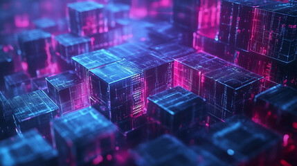 Digital cubes creating a futuristic landscape with vibrant colors and glowing patterns