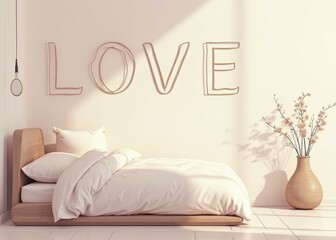 LOVE in soft font on the wall of a minimalist bedroom with a wooden bed, white bedding, and a single vase of flowers adding a touch of nature to the serene space