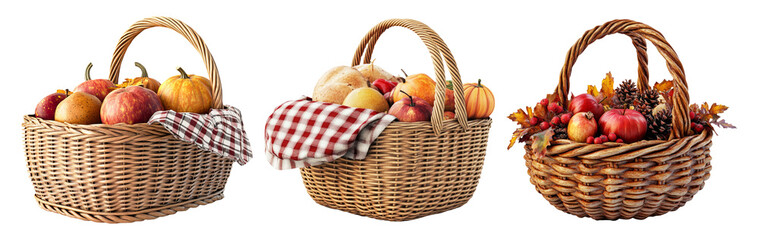 Three Different Baskets Filled with Fresh Fruits and Vegetables