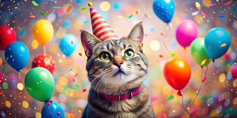 Joyful Cat Party: Double Exposure Photo of a Happy Feline in a Colorful Party Hat with Balloons and Confetti