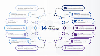 Blue tone circle infographic with 14 steps, process or options.