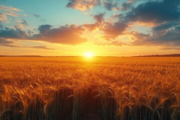 golden wheat field hay bales at sunset creating minimalist rural landscape with copy space for text overlay in warm evening light photography