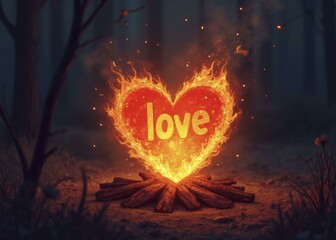 LOVE flickering inside a heart shaped fire surrounded by wooden logs in a dark, eerie forest with a warm, romantic glow