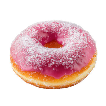 a delicious pink frosted donut. covered in a light dusting of sugar. showcasing a soft. fluffy texture and a vibrant appearance that appeals to sweet lovers perfect for breakfast or a treat. this donu
