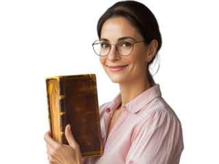 Female teacher with book isolated on transparent background