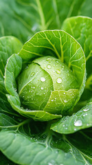 Obraz premium Fresh green cabbage with water droplets in vibrant garden setting.