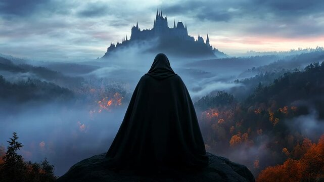 Mysterious figure gazes at dark castle in foggy landscape during twilight