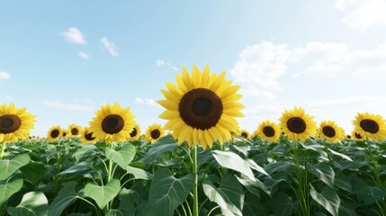 Obraz premium A vibrant field of sunflowers under a clear blue sky.