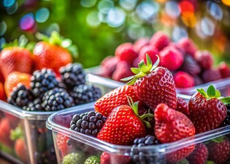 Juicy Blackberries & Strawberries in Plastic Containers - Bokeh Background Stock Photo