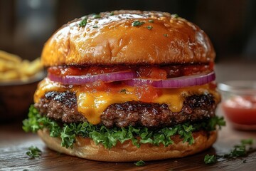 gourmet cheeseburger with fresh ingredients perfectly layered and photographed in high resolution on clean white background for commercial use