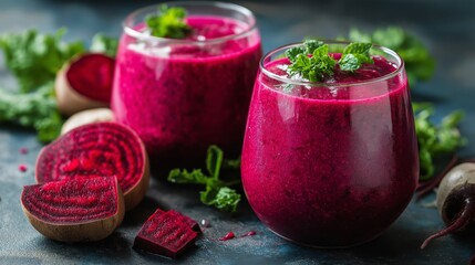 Beetroot berry smoothie, deep pink color, earthy sweetness. Fresh beetroot smoothie in minimalistic setting. Fiber rich antioxidant drink for food blog or culinary web site, cookbook