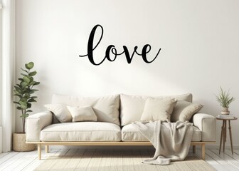 LOVE in black cursive on a white wall above a cozy beige couch in a minimalist living room