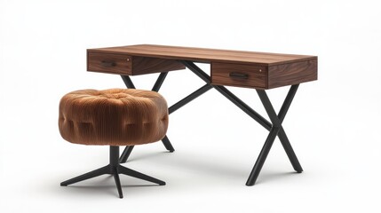 Walnut wood desk with two drawers and tufted ottoman.