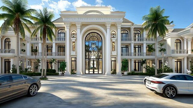 Explore a grand mansion featuring exquisite design and lush landscaping, with luxury cars enhancing the opulent atmosphere