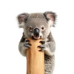 Naklejka premium Adorable Koala Cub Embracing Wooden Post Closeup