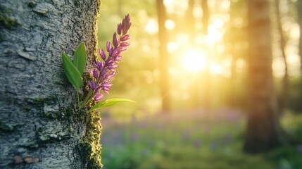Delicate Purple Flower Emerges from Tree Bark in Sunlit Forest Setting