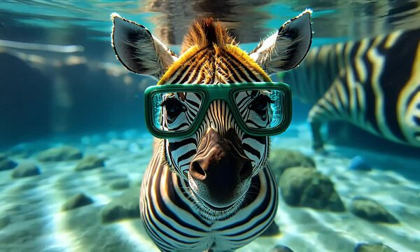 a zebra wearing diving goggles in a swimming pool is diving