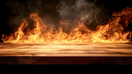 Fototapeta premium A dramatic image of a blank wooden table with fire burning at the edge, sending sparks and smoke into the air
