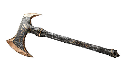 Ancient Ornate Battle Axe, Dark Metal, Gold Inlay