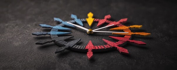 mindedness curiosity perspective design. Colorful compass design with arrows on a dark background.