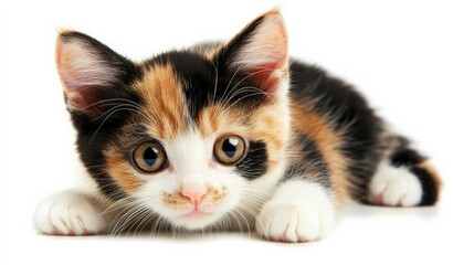 A calico kitten perched delicately on the edge of the frame, its eyes bright and curious on a white background