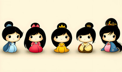 Fototapeta premium Adorable illustration of five kawaii princesses in traditional Asian-inspired dresses, perfect for children's books, websites, or social media.